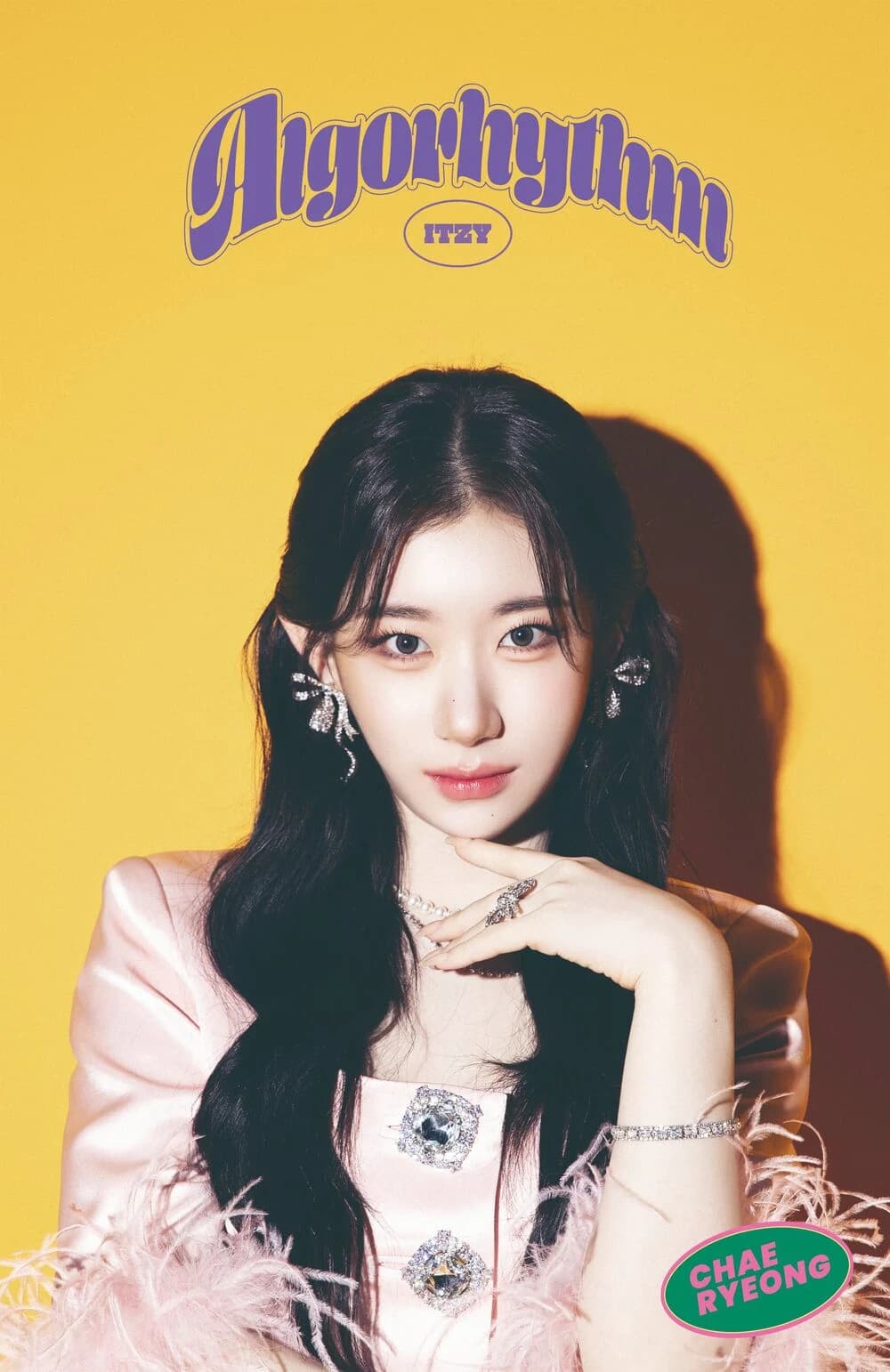 Editorial gallery of Chaeryeong (ITZY) styled in vibrant winter looks mixing neon brights, sharp blacks, and metallic shine, highlighting fuchsia, royal blue, silver chrome, acid lime, and deep plum.