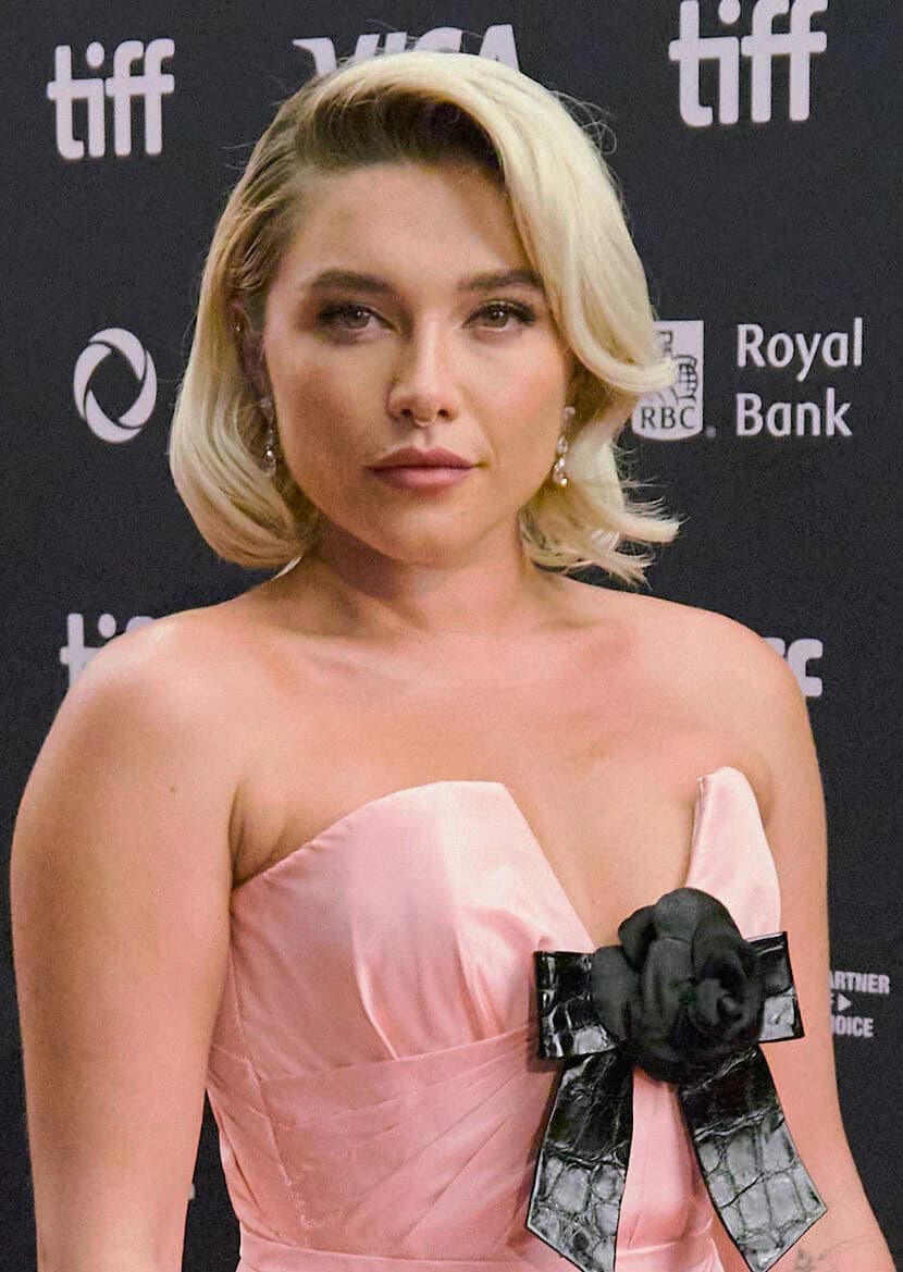 Florence Pugh wearing sun-soaked autumn looks with rich neutrals and texture, showcasing tangerine, paprika, warm blush, olive, and bronzed gold from the Warm Autumn palette.