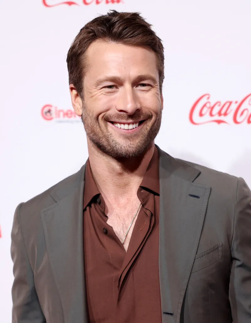 Glen Powell wearing saturated autumn looks with molten metallics, showcasing burnt sienna, chartreuse, emerald, molten gold, and espresso from the Vibrant Autumn palette.