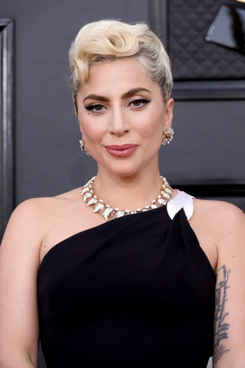 Editorial gallery of Lady Gaga styled in true summer outfits mixing navy, raspberry, and soft lavender, highlighting powder blue, soft lilac, rose quartz, silvery sage, and midnight plum.