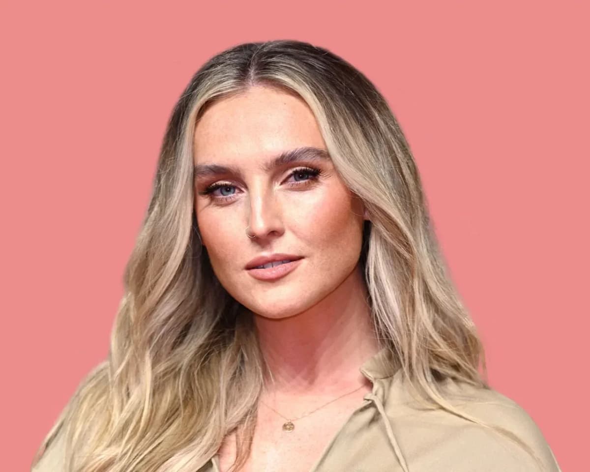 Editorial gallery of Perrie Edwards styled in light summer outfits blending powder blues, lilac, and silvery neutrals, highlighting powder periwinkle, rosy shell, glacier gray, seafoam mint, and soft navy.