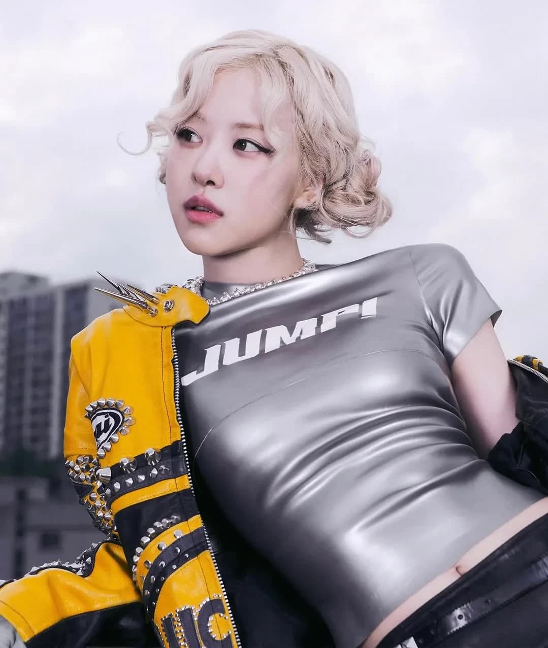 Editorial gallery of Rosé (BLACKPINK) styled in misty blue and lavender ensembles accented with silver sparkle, highlighting silver, icy pink, slate, periwinkle, and midnight blue.