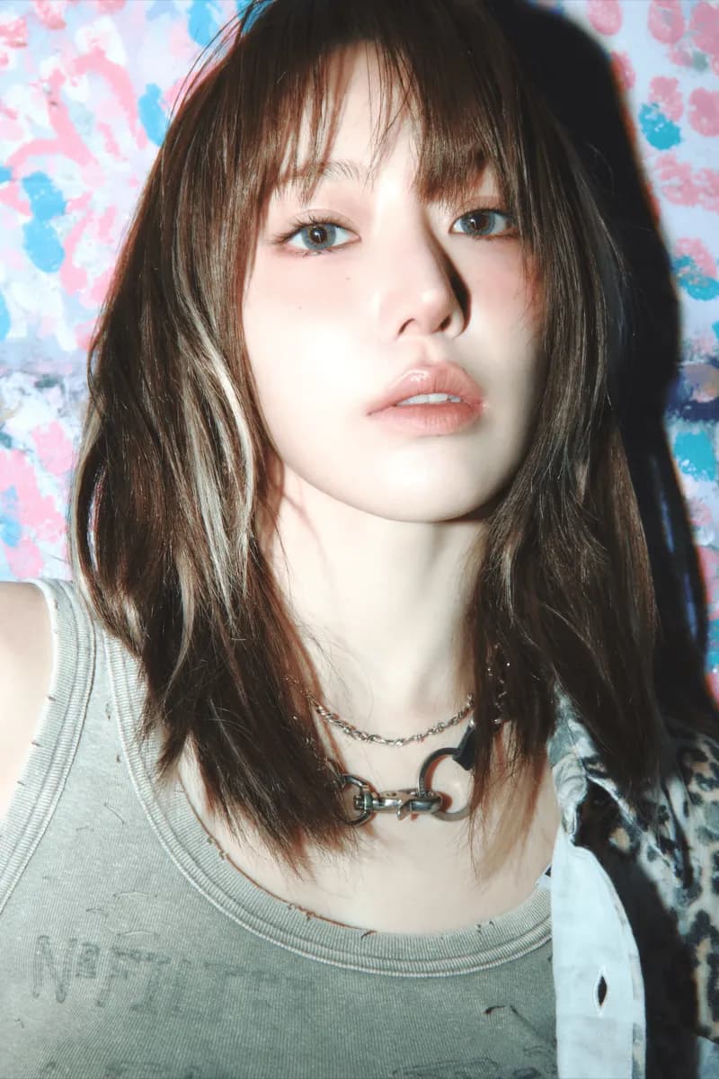 Sakura (LE SSERAFIM) wearing sunshine pastel outfits with fluid fabric and glow, showcasing sherbet peach, sea glass, buttermilk, mint foam, and rose coral from the Light Spring palette.