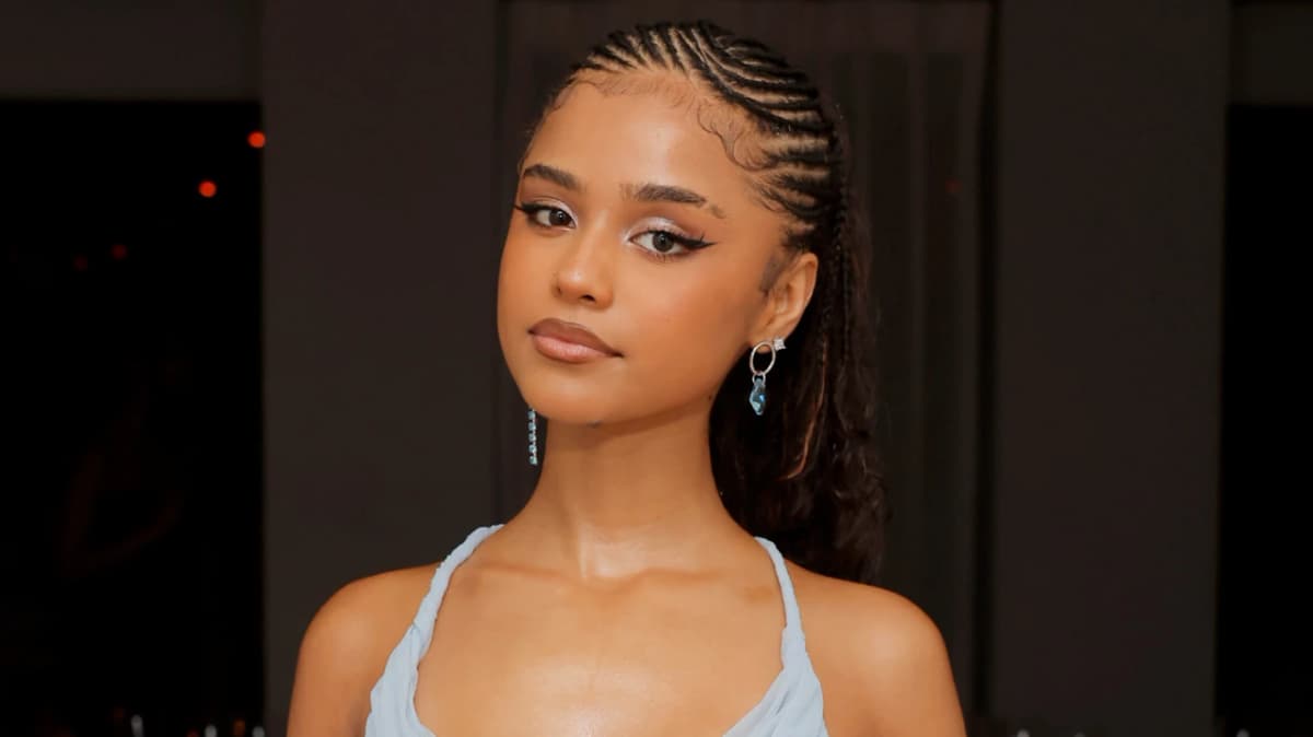 Editorial gallery of Tyla styled in misty blue and lavender ensembles accented with silver sparkle, highlighting bluebell, lavender mist, storm gray, cool teal, and soft navy.