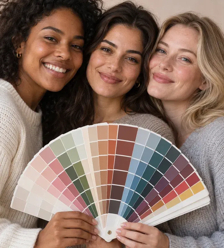 Three women smiling and holding a color-analysis swatch fan