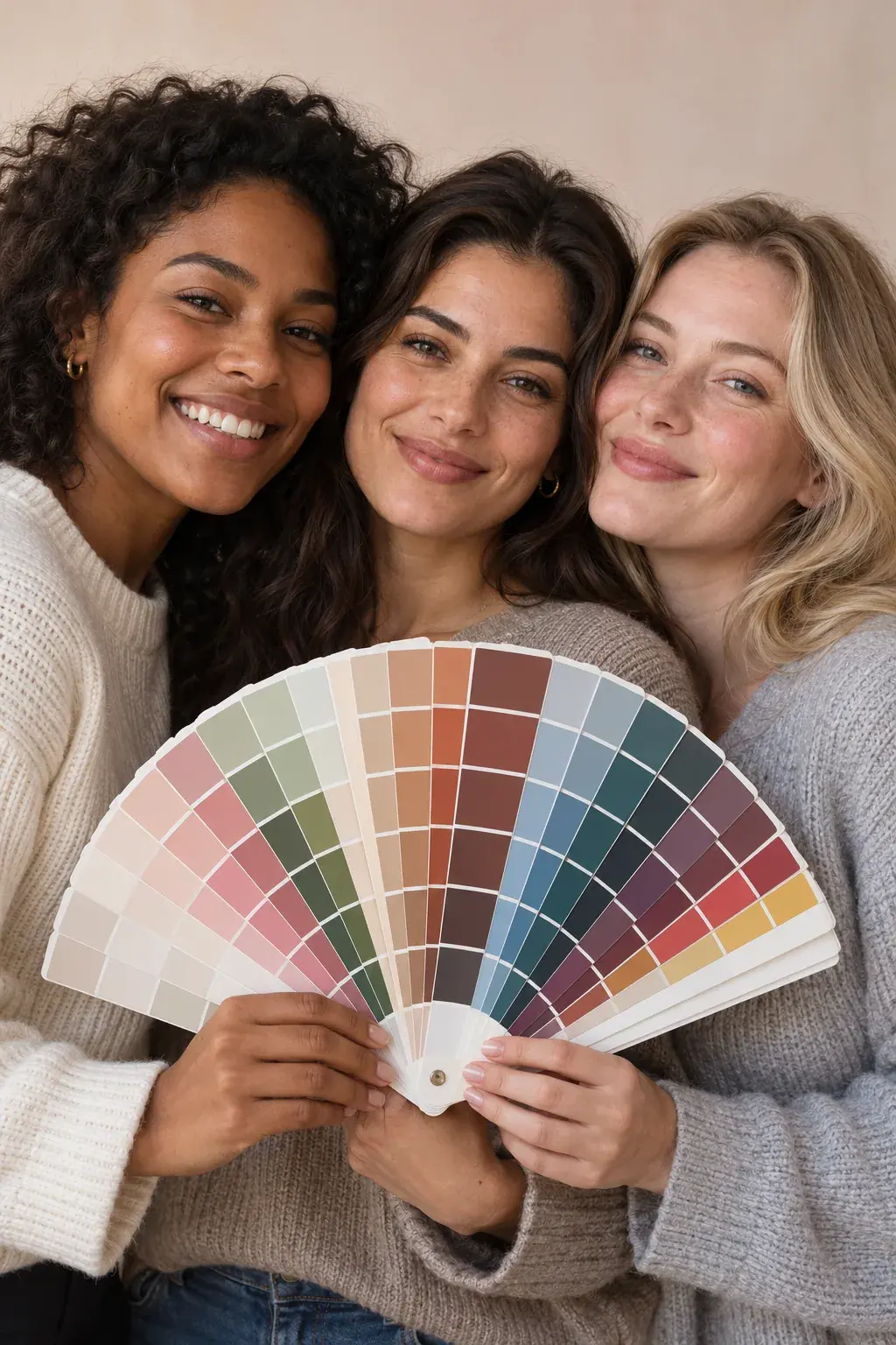 Three women smiling and holding a color-analysis swatch fan