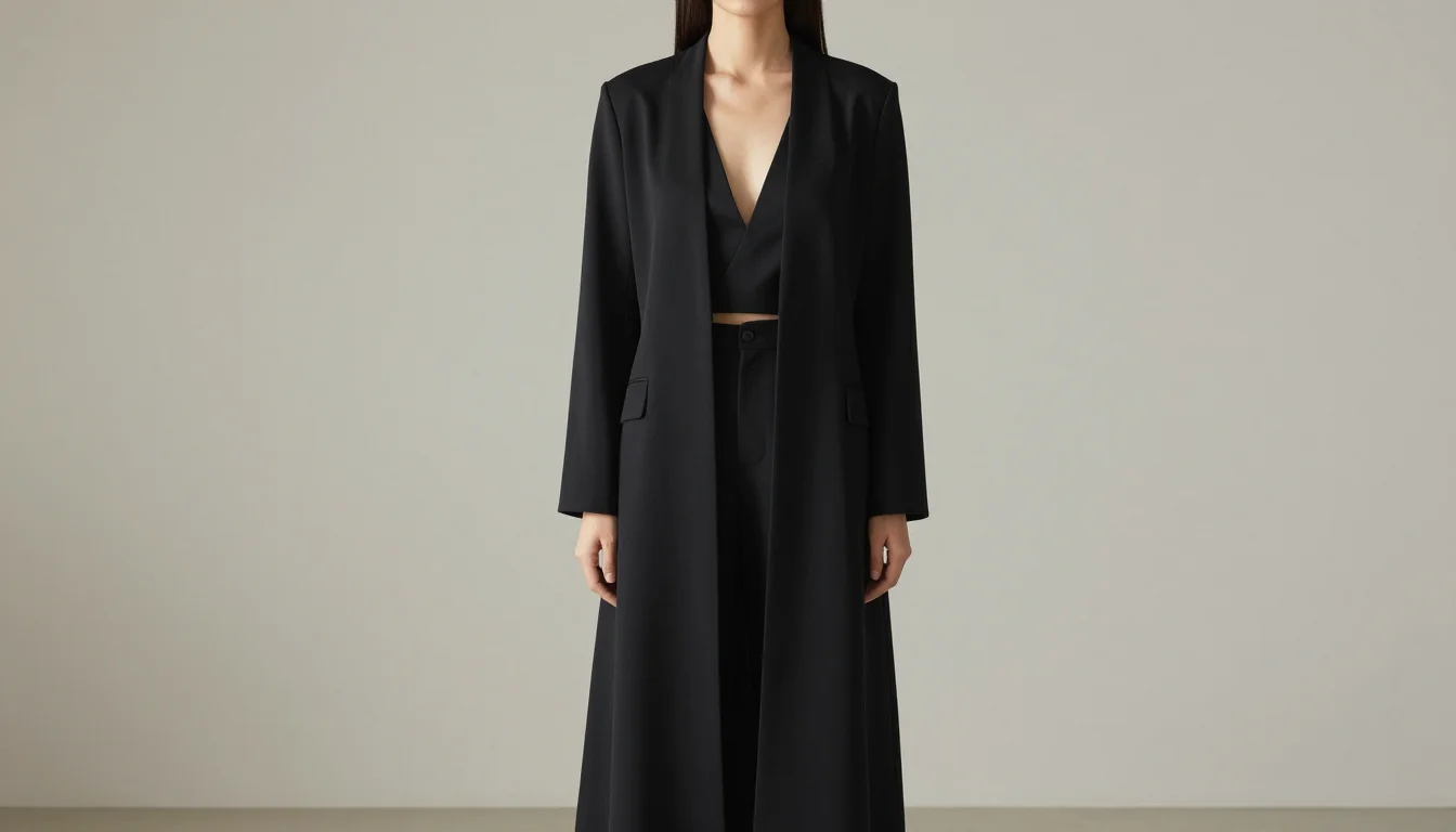 Apple body shape wearing a V-neck top with an open long-line jacket