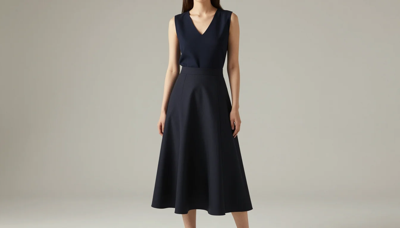 Inverted triangle body shape wearing a deep V-neck with soft draping
