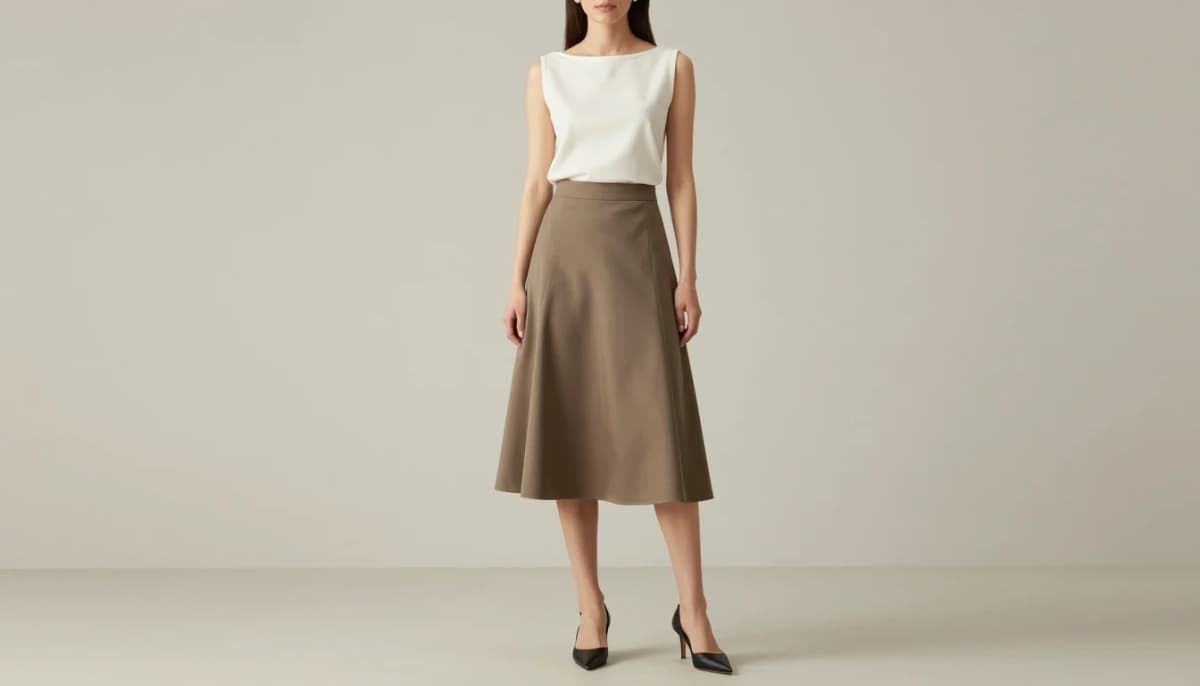 Pear body shape wearing a boat-neck top with structured shoulders
