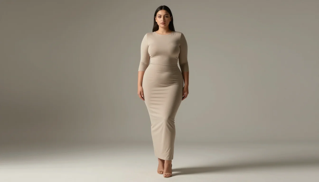 Woman with a pear body shape in a fitted top and A-line skirt