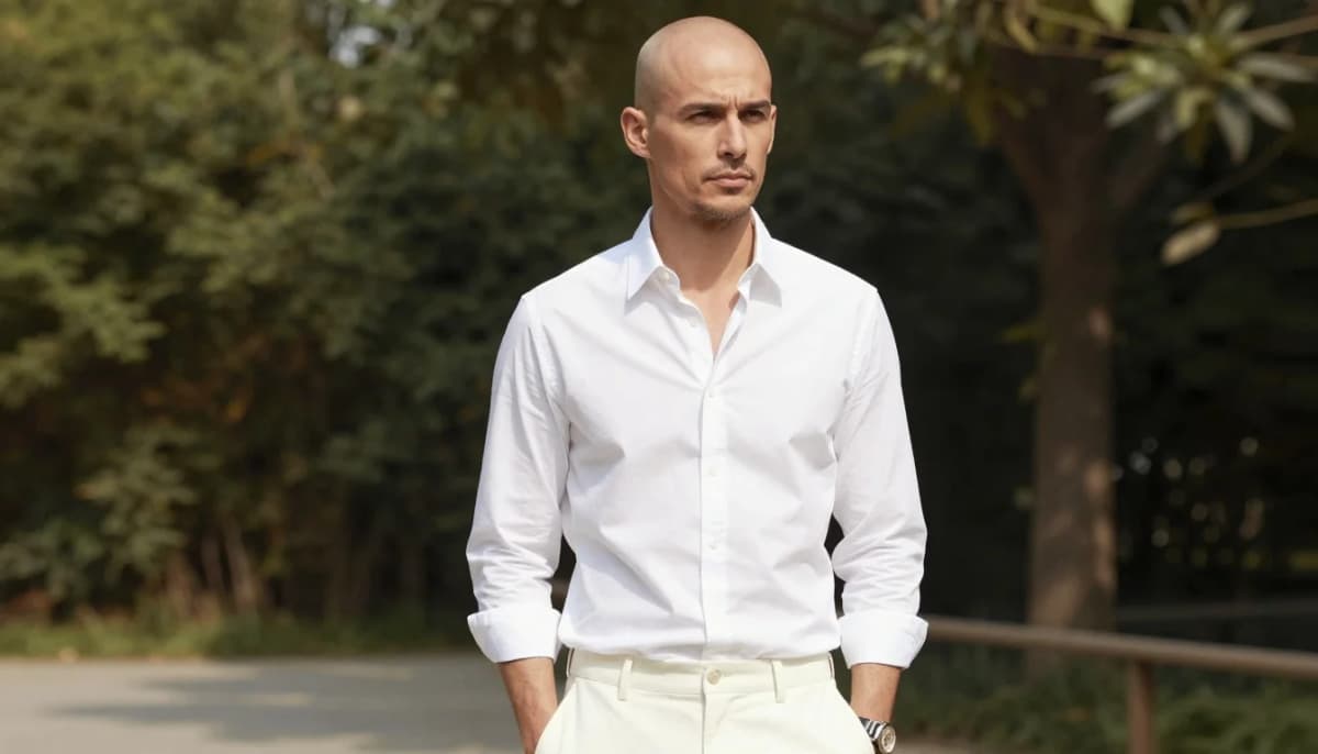 How to wear best colors for bald men | men's color guide — pairing bright white, optical white, soft cream near the face
