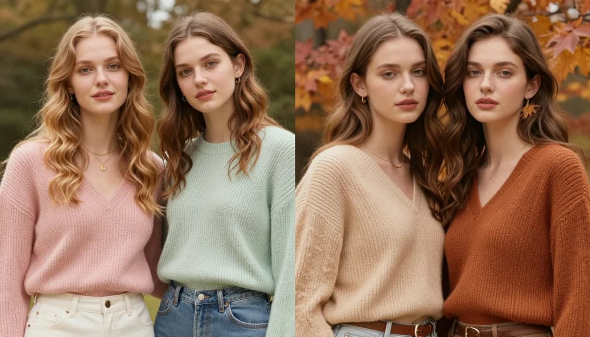 Wiosna czy jesień? Jak rozpoznać swój typ urody — flattering shades including ciepła brzoskwinia, złocisty żółty, czysty koral, ciepły turkus