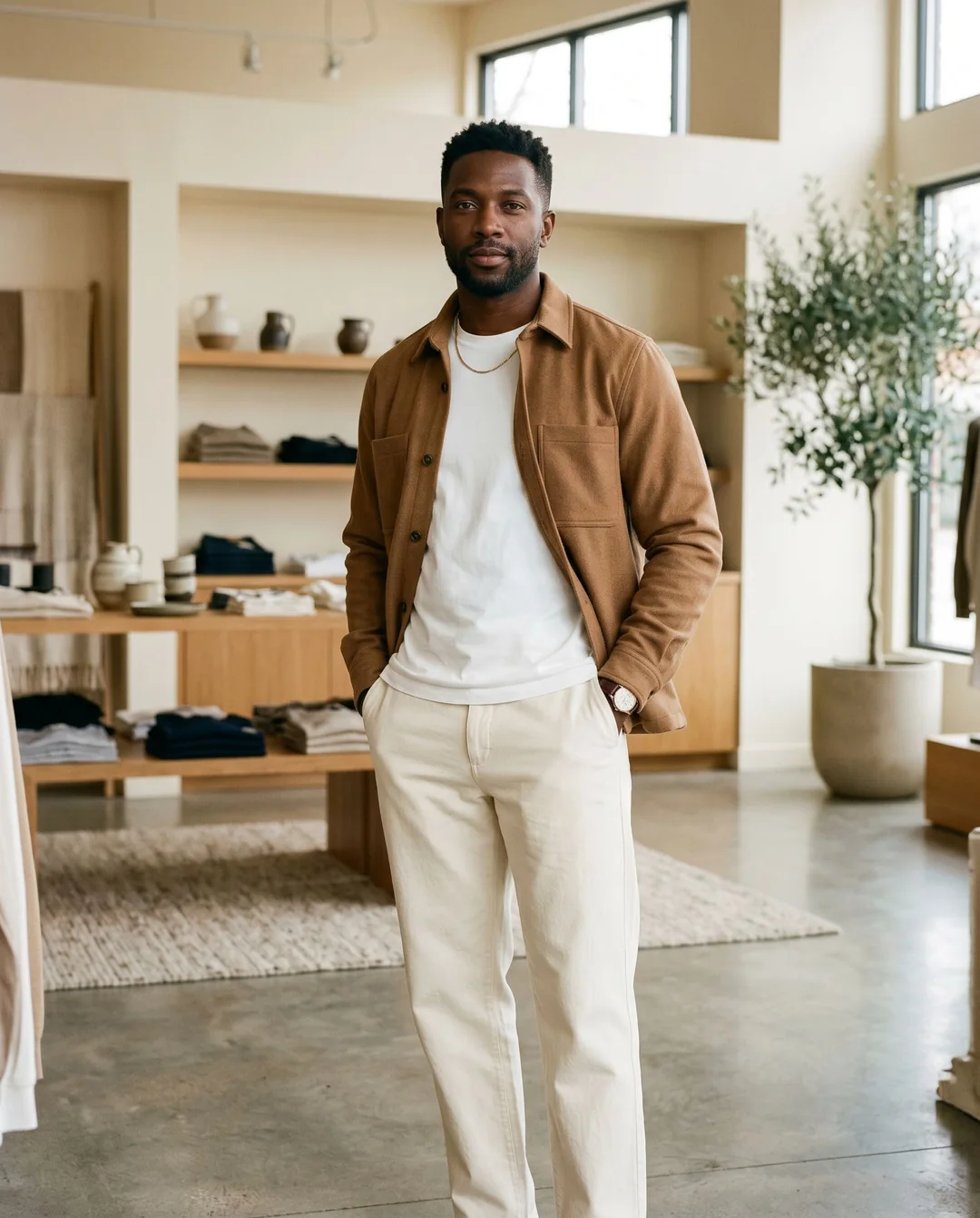 A shopper styled in a color-matched outfit