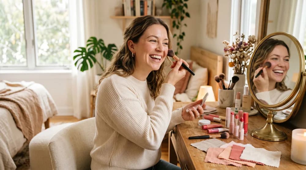 A woman doing her makeup at a vanity with colorful makeup and swatches