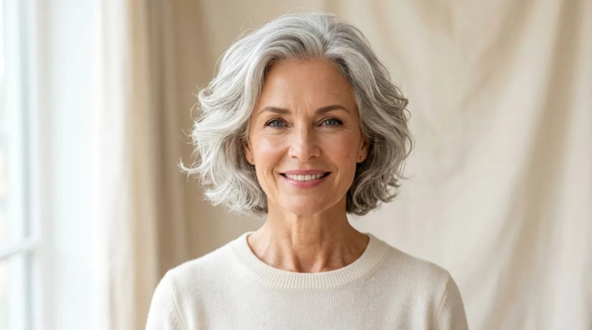 Virtual hair color try-on previewing natural silver and gray coverage