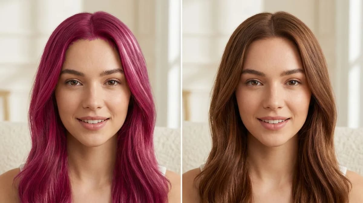 Comparativa lado a lado de un filtro de color de pelo genérico sobre una modelo frente a un simulador con IA reproducido sobre la foto real de una usuaria