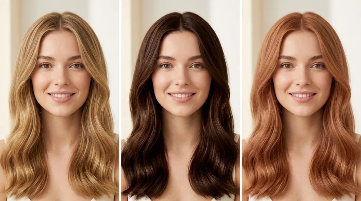 La misma mujer mostrada con tres colores de pelo simulados (rubio dorado, pelirrojo cobrizo y castaño espresso) en un simulador de color de pelo con IA