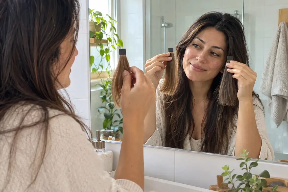 Mujer comparando muestras de color de pelo junto a su cara antes de previsualizar los tonos con un simulador de color de pelo