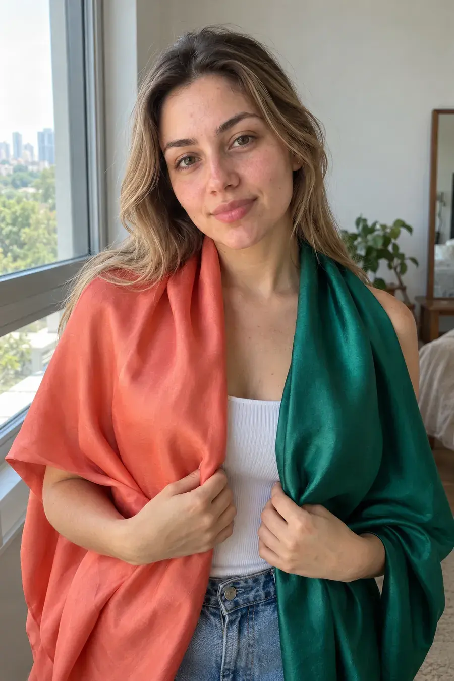 Mujer acercando telas coral cálido, esmeralda frío y rosa palo a su cara con luz natural para ver qué colores le favorecen