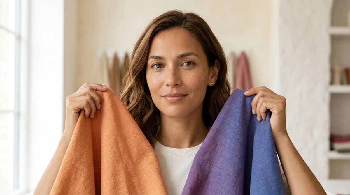 Mujer acercando telas coral cálido, esmeralda frío y rosa palo a su cara con luz natural para ver qué colores le favorecen