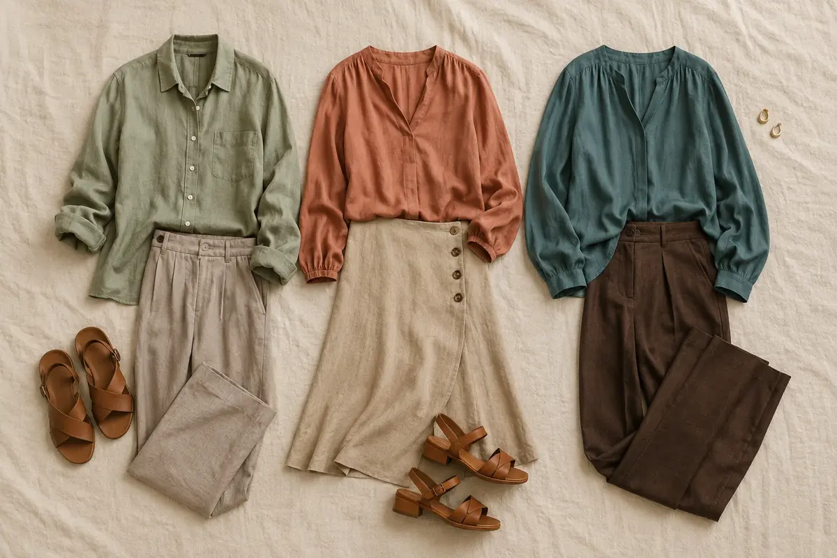 Três combinações de roupas com sálvia e taupe, terracota e bege, e azul-petróleo com chocolate