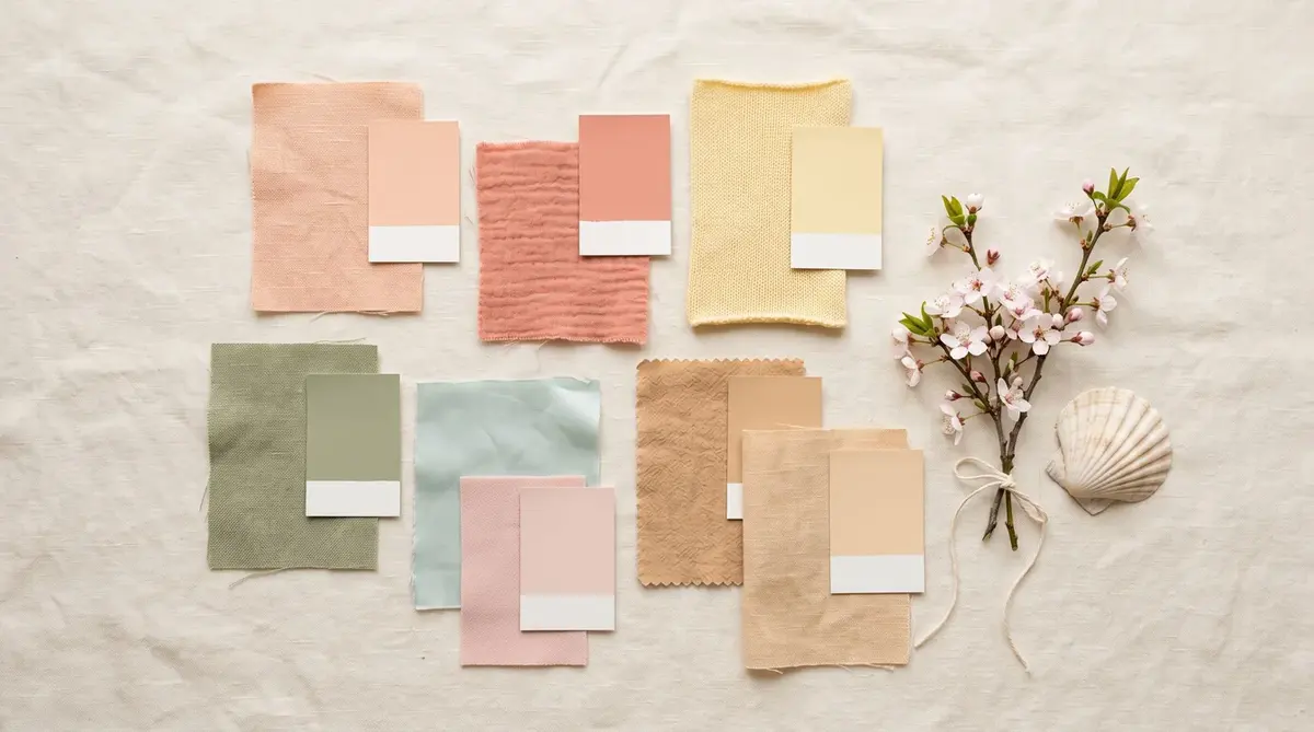 Soft spring color palette moodboard with muted warm pastel swatches Soft spring color palette moodboard with muted warm pastel swatches: soft peach, dusty coral, buttermilk, warm sage and powder aqua