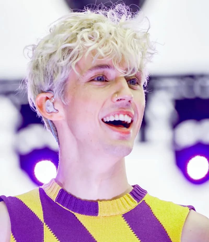 Troye Sivan — Bold Winter styling | Palette Hunt Editorial gallery of Troye Sivan styled in bold winter ensembles mixing neon pops, inky black, and chrome sparkle, highlighting ultra violet, neon fuchsia, electric jade, polished pewter, and onyx.