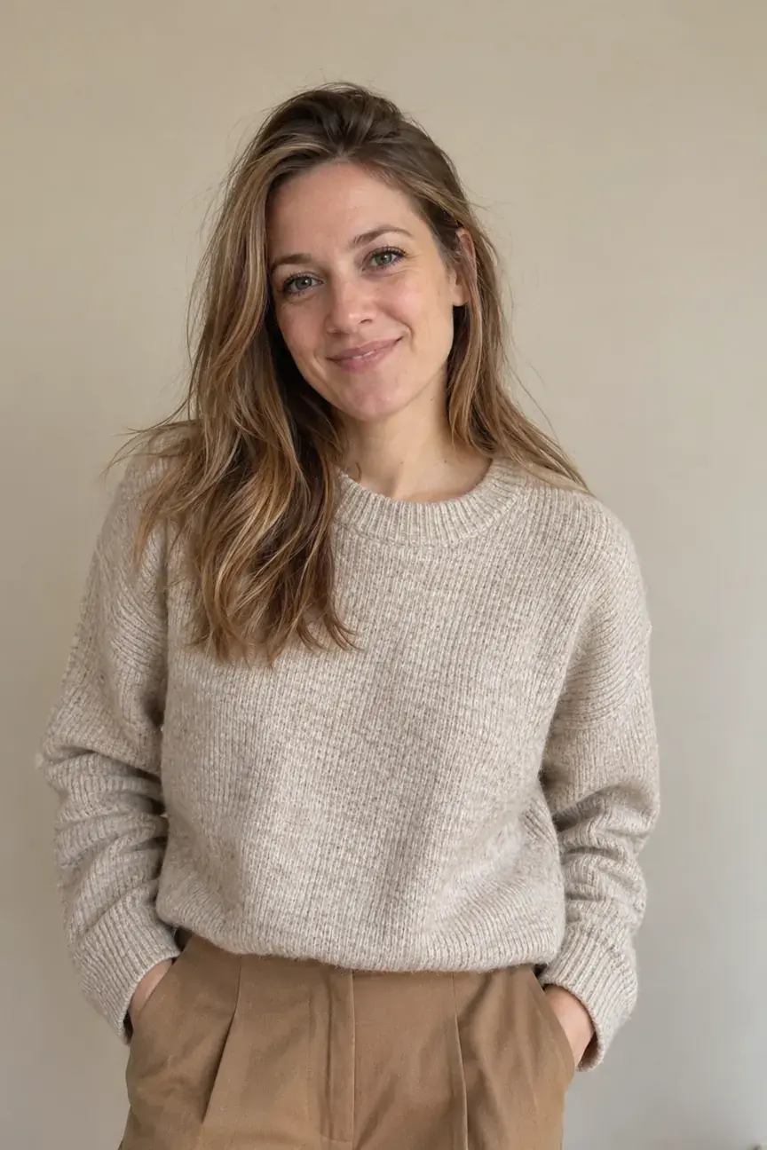 Woman wearing soft neutral colors for a personal color analysis comparison