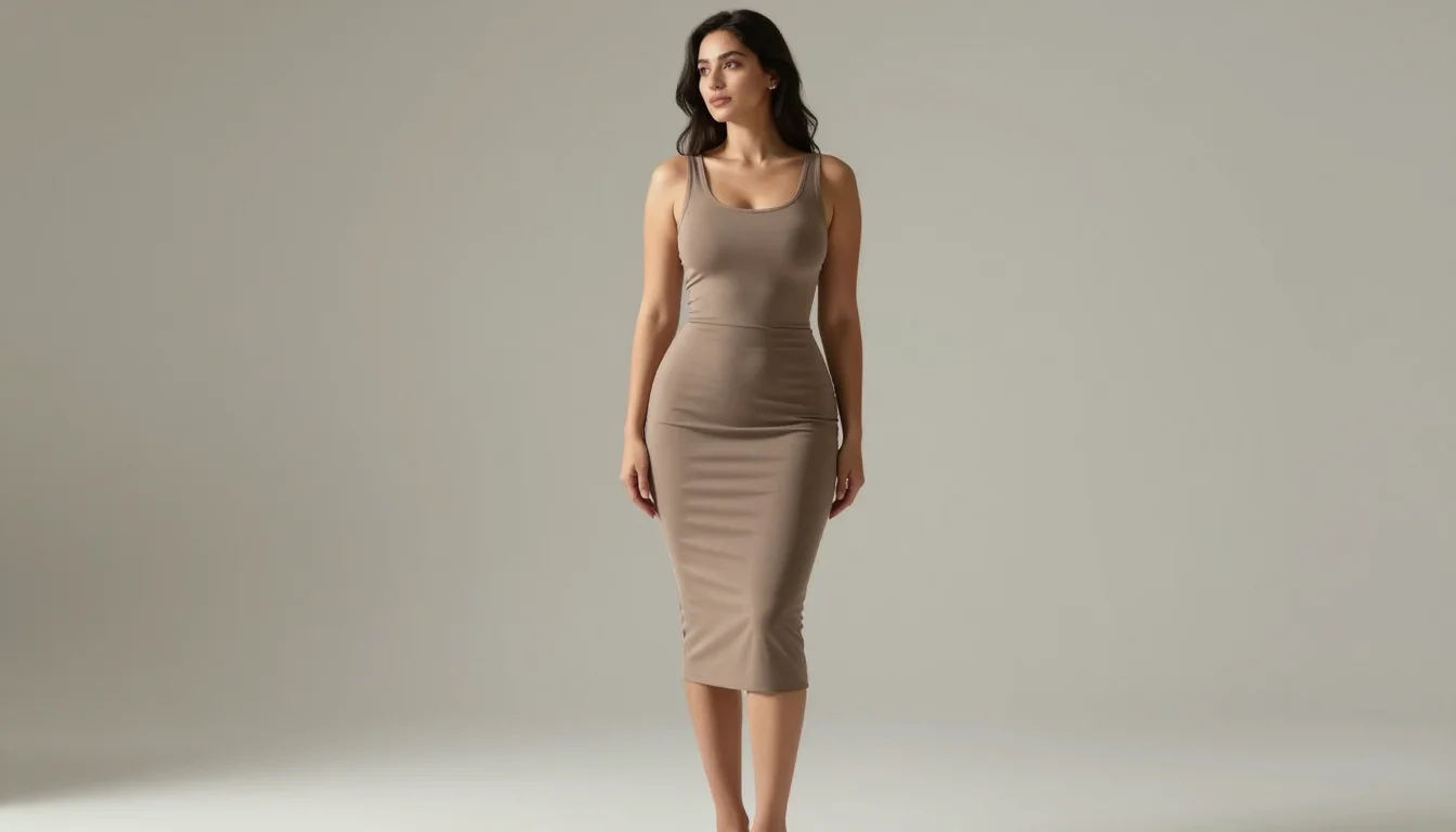 Woman with an hourglass body shape in a fitted wrap dress