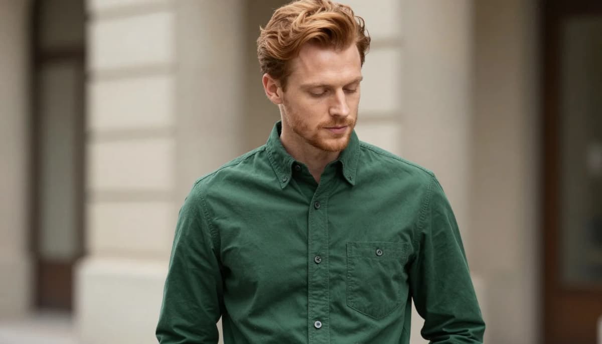 How to wear: Best Colors for Men with Auburn Hair | Men's Color Guide How to wear best colors for men with auburn hair | men's color guide — pairing forest green, olive, hunter green near the face