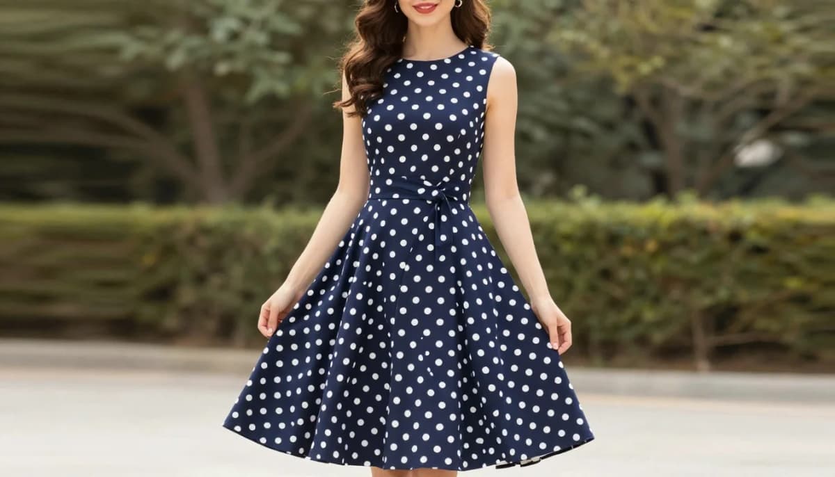 How to wear: Best Polka Dot Colors for Brunettes How to wear best polka dot colors for brunettes — pairing navy with cream dots, navy with coral dots, dark blue with gold dots near the face