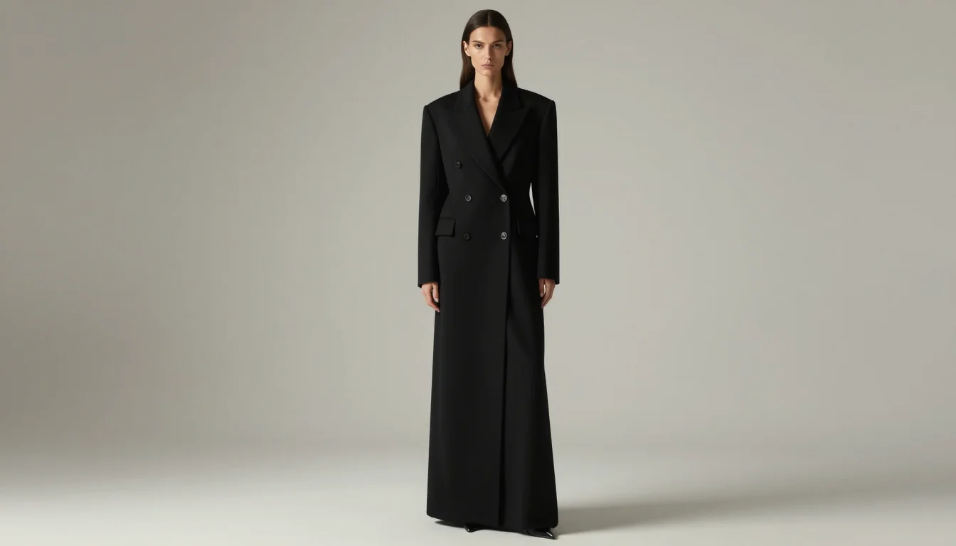Kibbe Dramatic styling — long sharp tailored silhouette