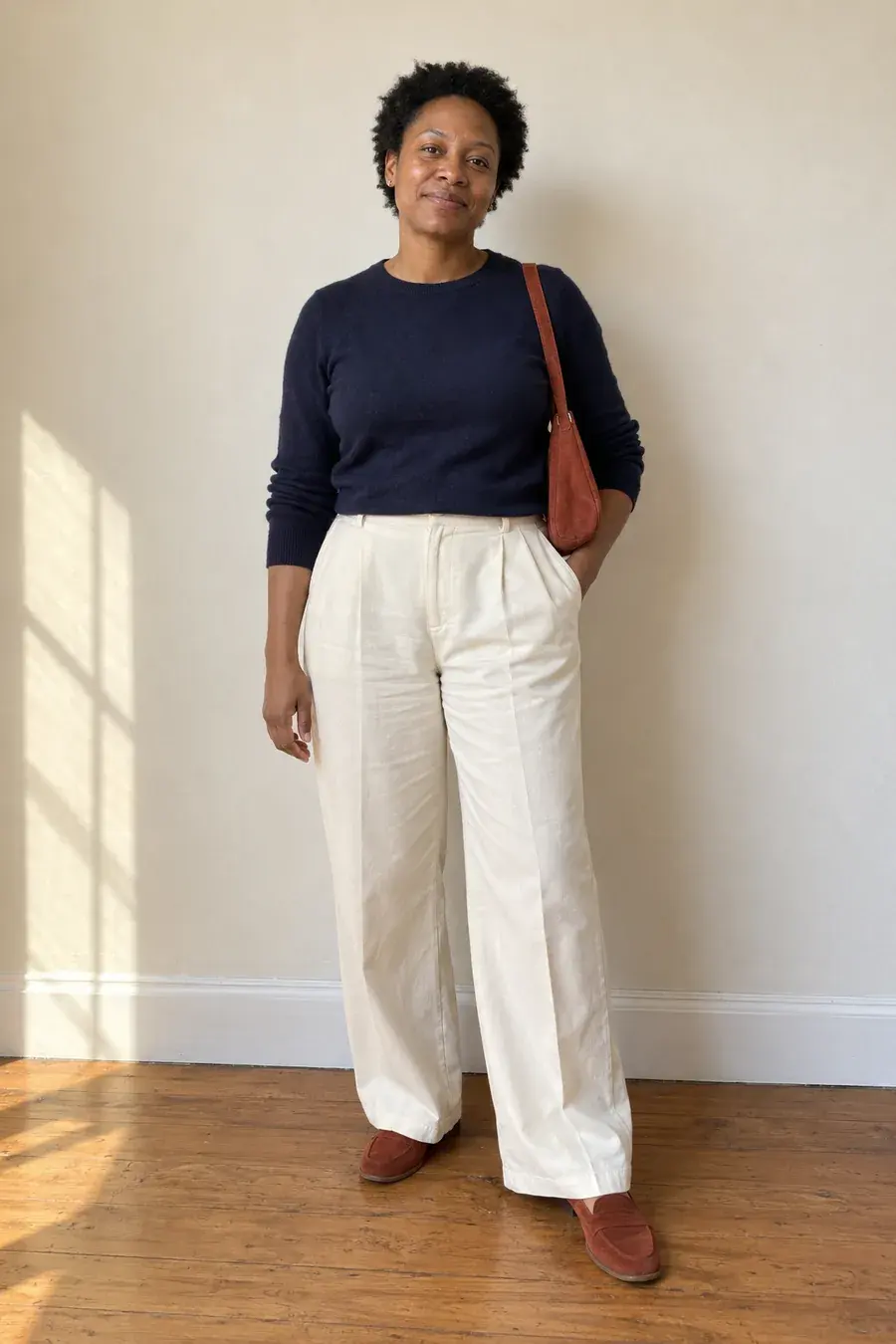 Tricô azul-marinho com calça ampla creme, bolsa de camurça terracota e mocassins da mesma cor