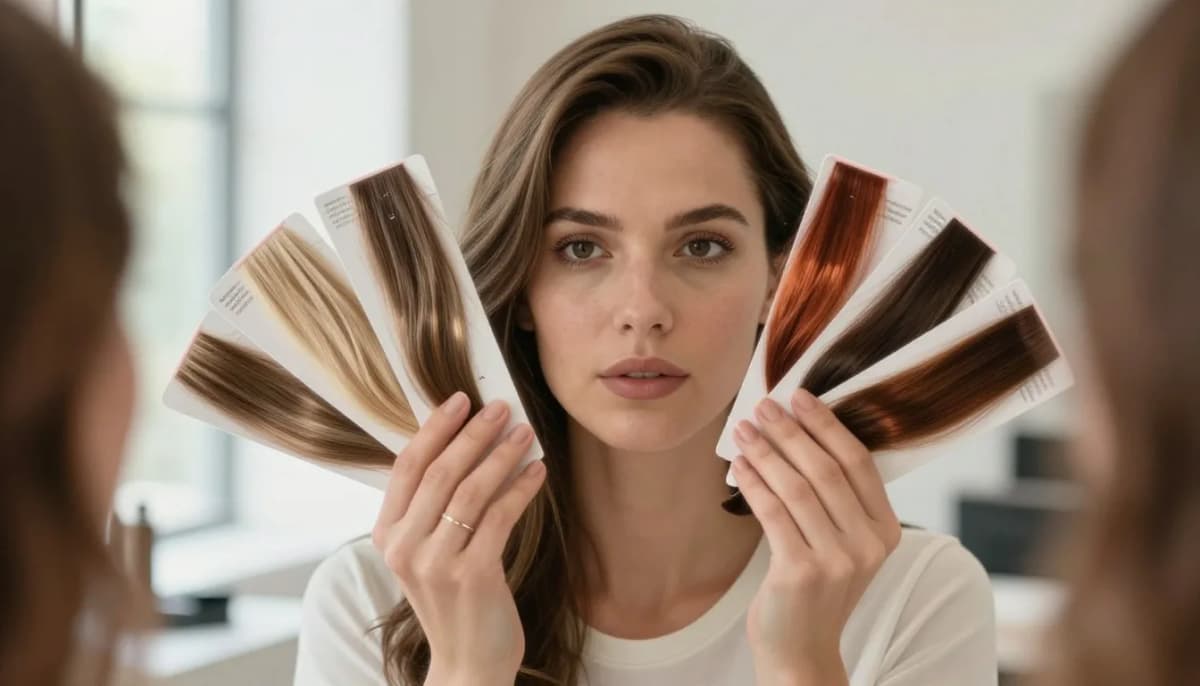 Woman comparing hair color swatch cards from ash blonde to copper to dark brown next to her face to see which hair color suits her