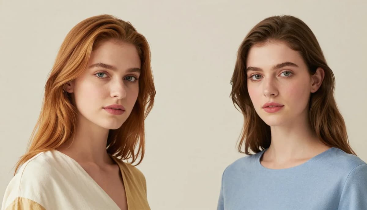 Warm undertone woman with golden caramel hair next to a cool undertone woman with ash brown hair, showing warm vs cool hair colors
