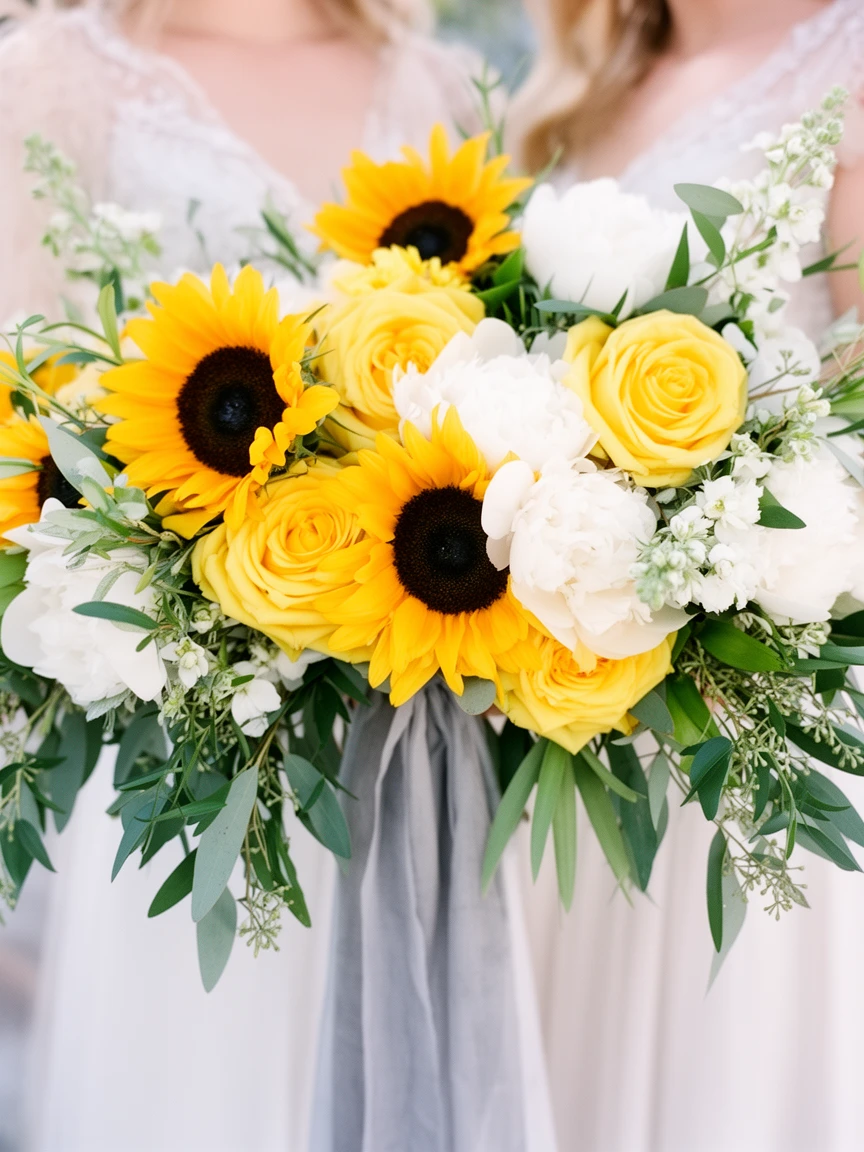 Yellow wedding color palette with sunflowers and elegant floral arrangements