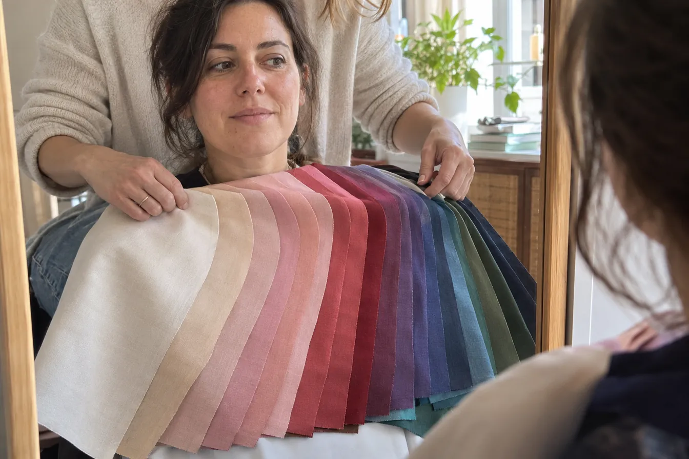 A consultant laying graded seasonal fabric drapes across a client's shoulders