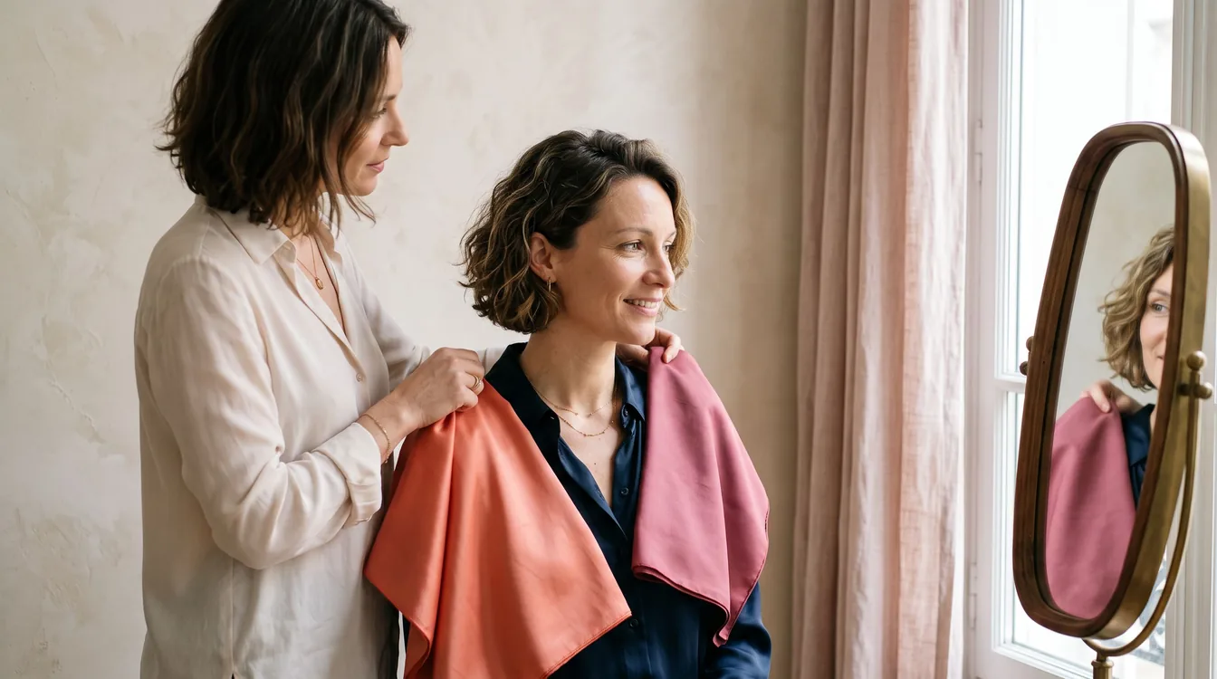 Consultante comparant des étoffes corail et rose devant un miroir