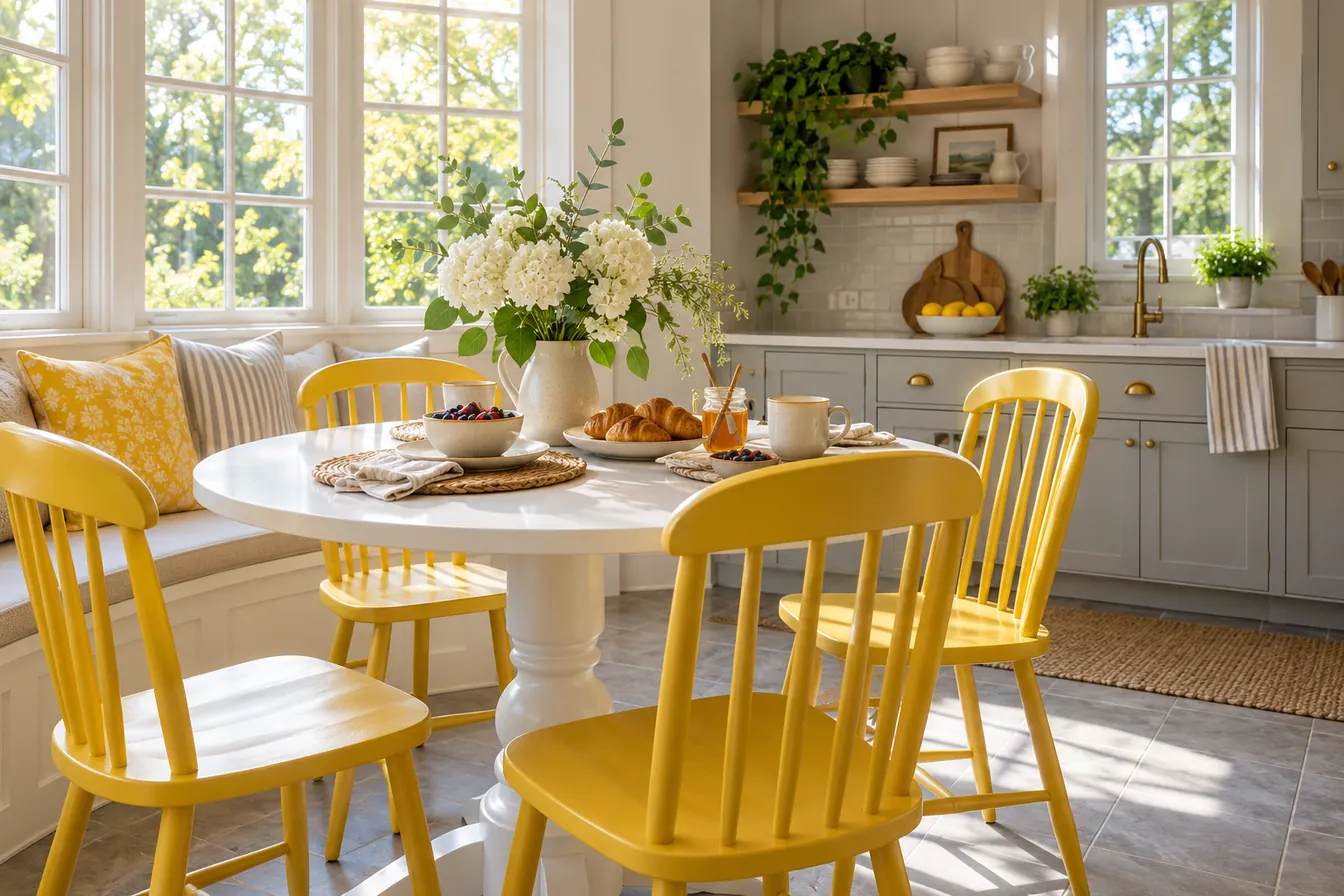 Breakfast nook with yellow chairs, a white table and soft gray tiles