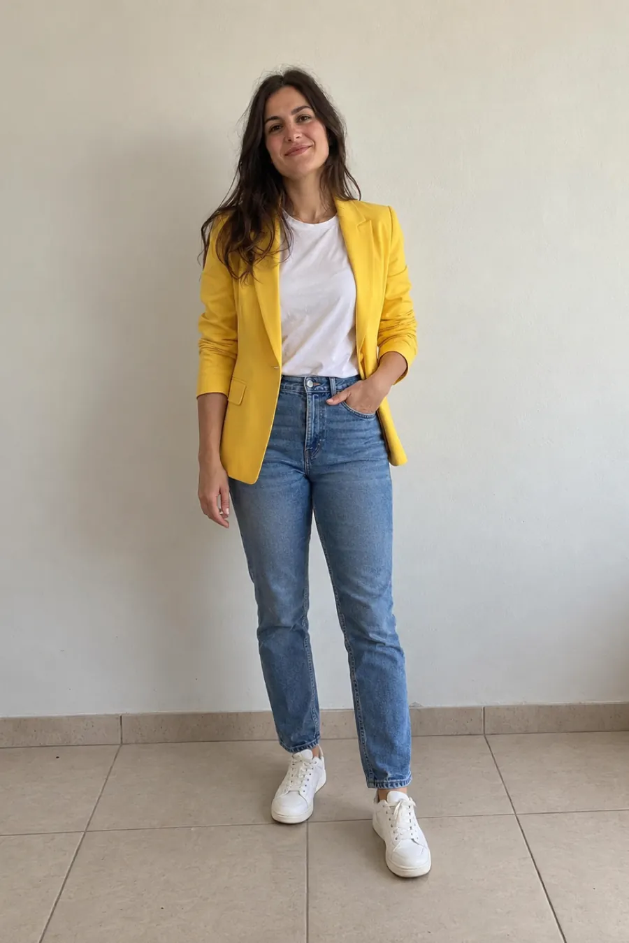 Bright yellow blazer with a white tee and blue jeans