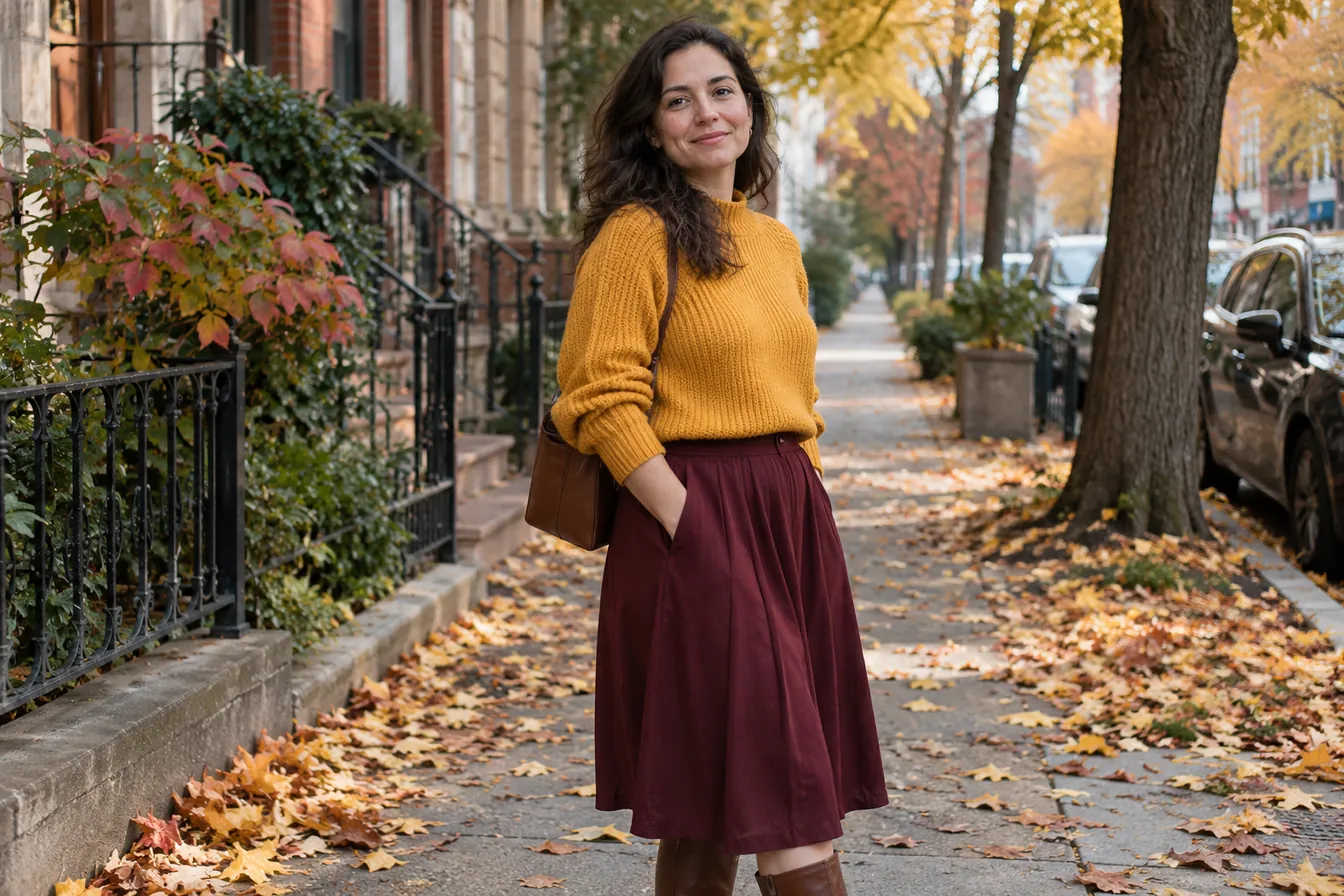 Mustard knit sweater with a burgundy midi skirt