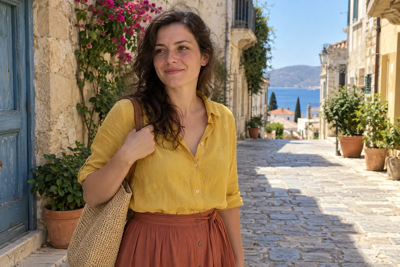 Yellow linen blouse with a terracotta midi skirt