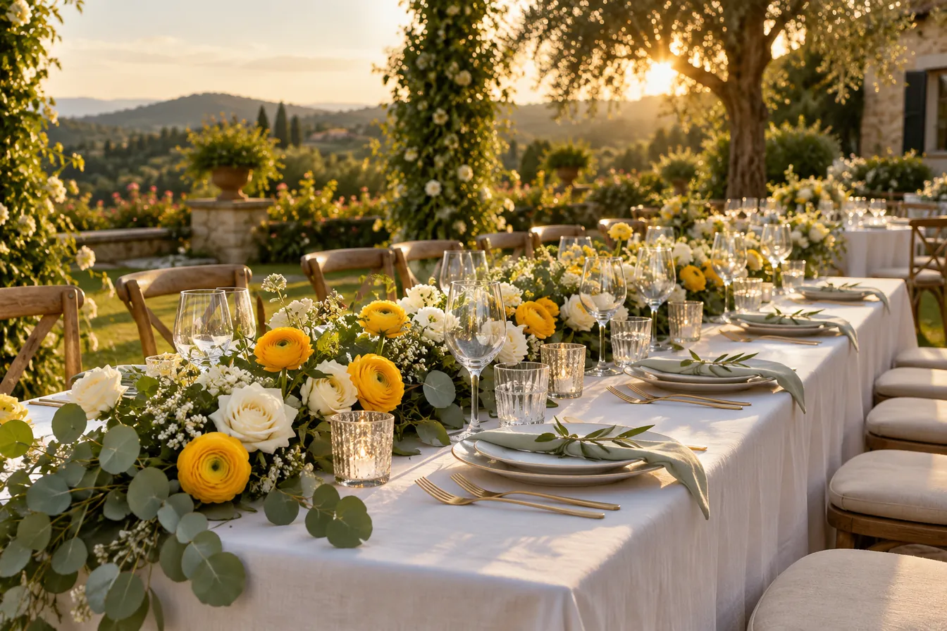 Garden wedding table with yellow ranunculus, white roses and eucalyptus