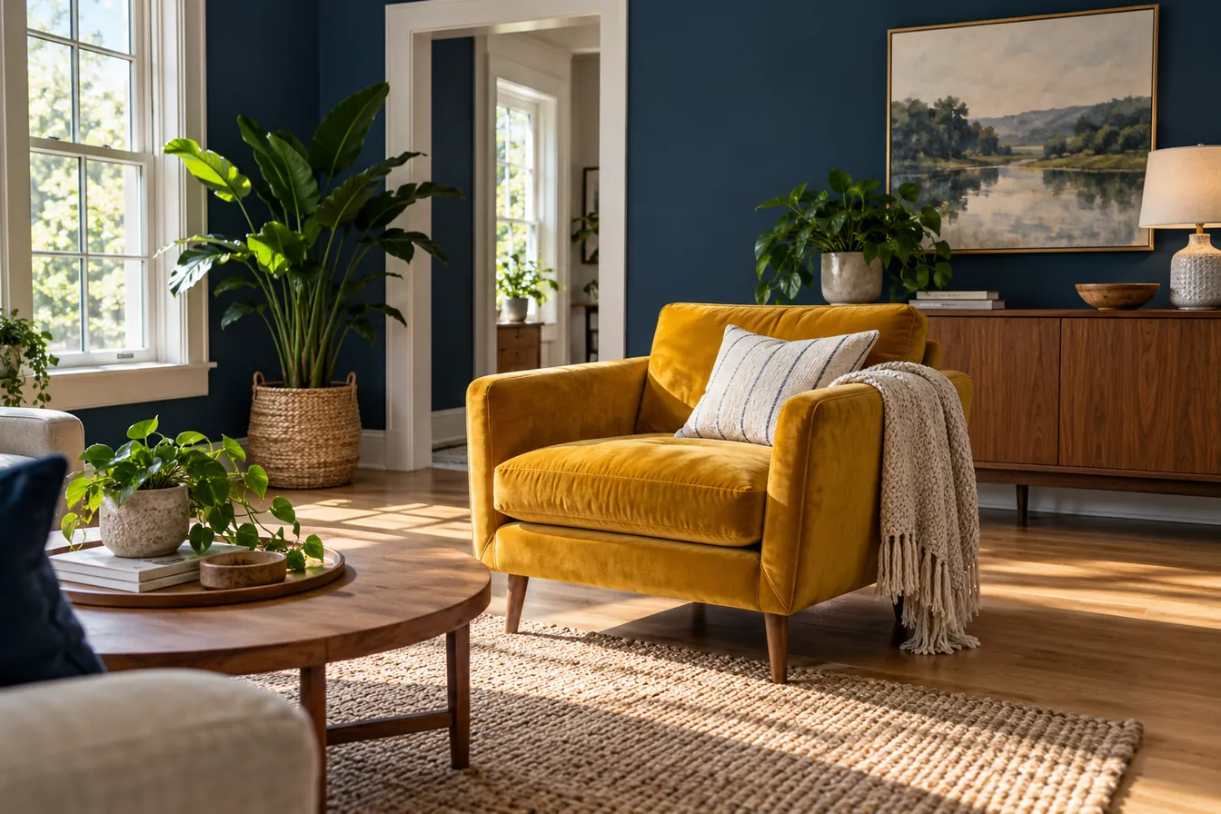 Living room with a mustard velvet armchair against navy walls