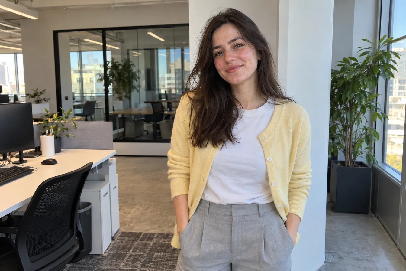 Soft yellow cardigan with light gray trousers