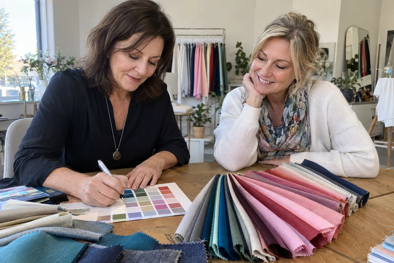 A color consultant writing up a client's palette card beside her fabric drapes