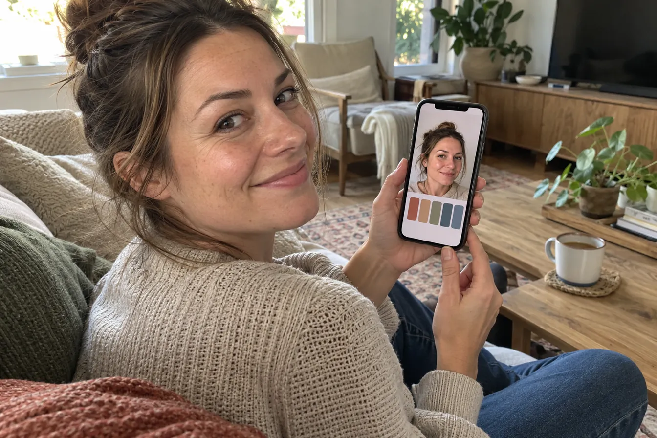 A woman at home looking at her color palette on her phone