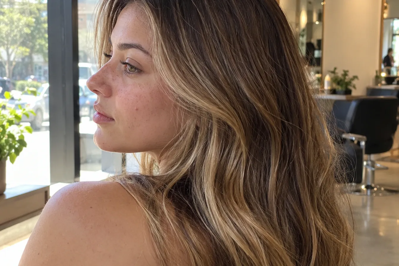 Back view of light autumn hair with honey blonde balayage blended through light golden brown hair