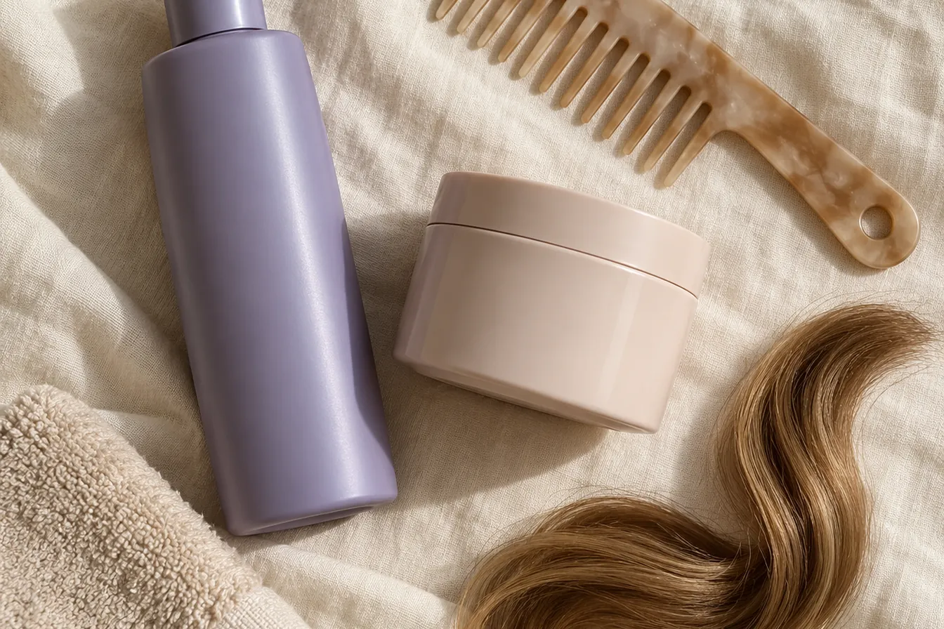Toning shampoo, gloss and a light golden brown hair swatch for light autumn hair care