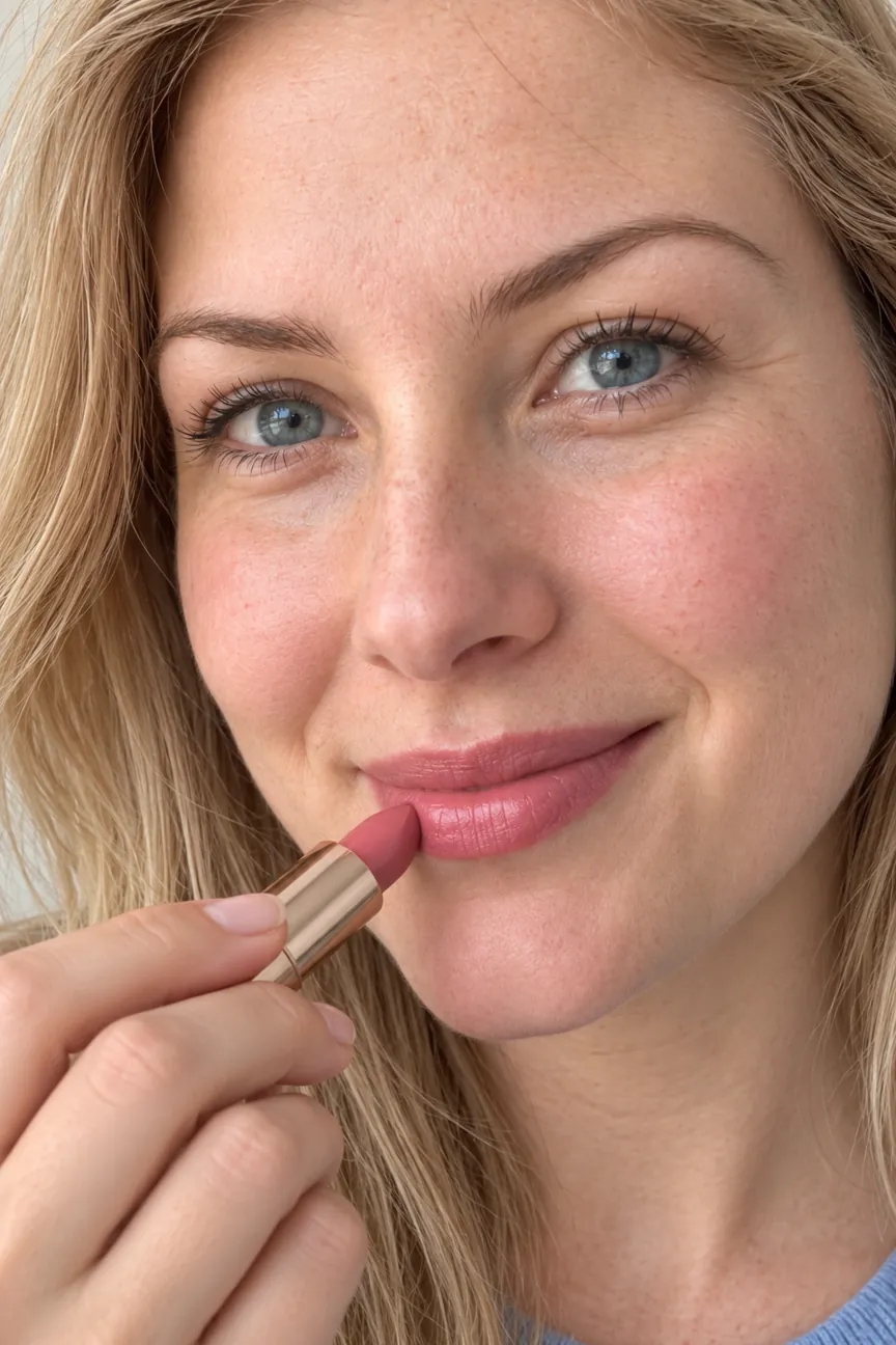 Light Summer makeup: a woman with light ash-blonde hair and soft blue eyes wearing lip and cheek colors from her palette